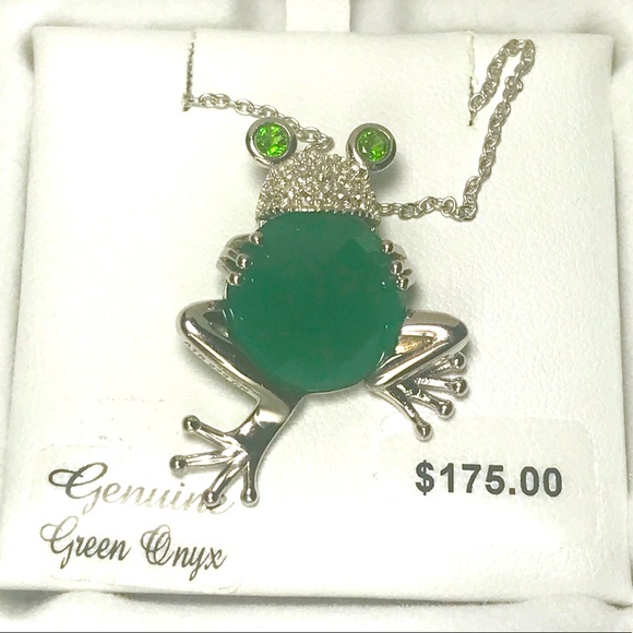 NWT Sterling Silver Green Onxy Women’s Frog Necklace 14k Gold Plated Pendant - Picture 2 of 5